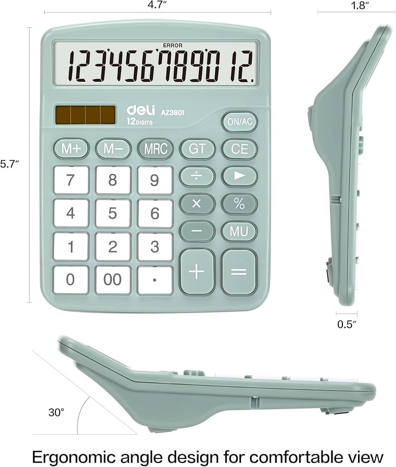 Deli آلة حاسبة، آلة حاسبة مكتبية ذات وظائف قياسية مع شاشة LCD كبيرة 12 رقم وزر حساس، طاقة مزدوجة بالطاقة الشمسية، خضراء - Image 2